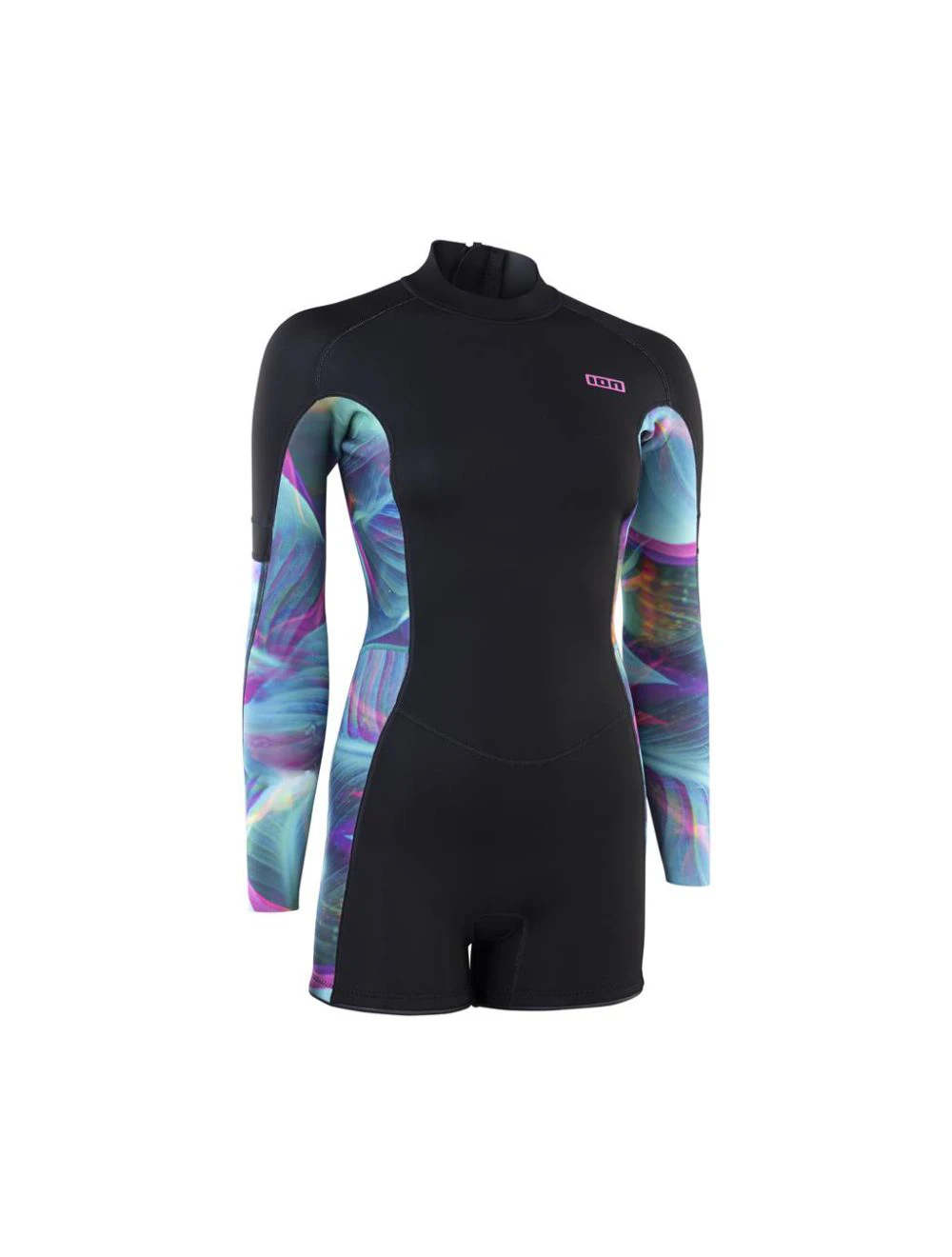 That is a Wetsuit; Surfsuit ION Essentials Amaze Shorty 2.0 LS Back Zip women tropical palm glitch